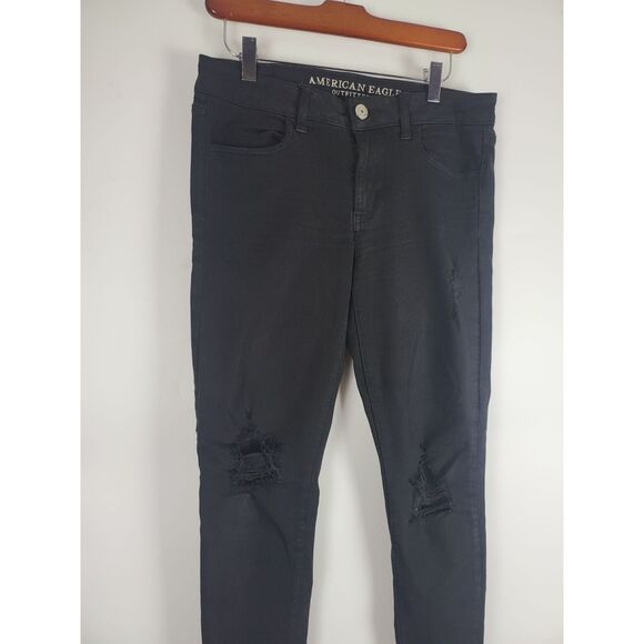 American Eagle Super Stretch Jeggings 6 Womens Low Rise Black Distressed Skinny - Picture 3 of 10